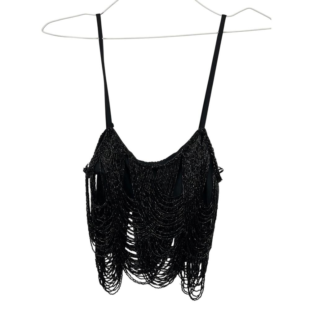 Zara Women's Black Sleeveless Beaded Fringe Cami Camisole Crop Tank Top Size XS